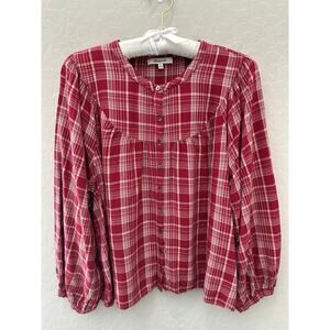 MADEWELL | Red Plaid Button Front Blouse Balloon Sleeve Peasant Top | Large
